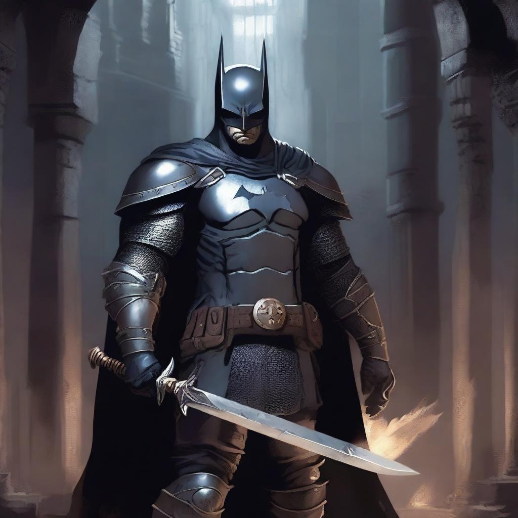 A Dungeons and Dragons version of Batman, dressed in medieval armor with a bat motif