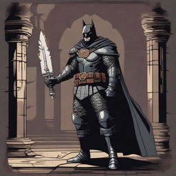 A Dungeons and Dragons version of Batman, dressed in medieval armor with a bat motif