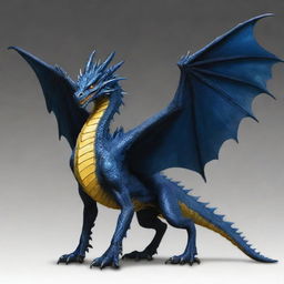 A majestic high fantasy dragon with a dark blue body, webbed talons, webbing extending from its spine, a barbed tail, and radiant yellow eyes. It has wide wings that neatly tuck against its body, enhancing its profound beauty.