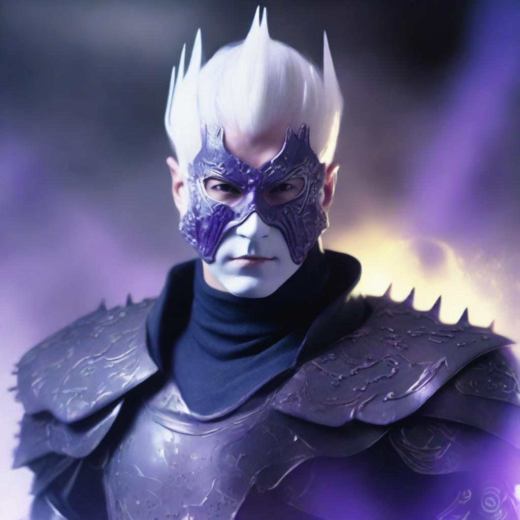 A pale-skinned, white-haired man with shorter, cleaner cropped hair wearing a mask with four upward spikes