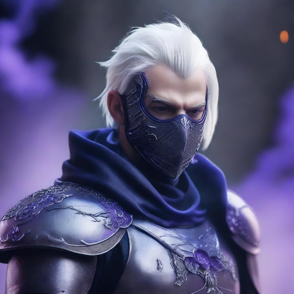 A pale-skinned, white-haired man with shorter, cleaner cropped hair wearing a mask with four upward spikes