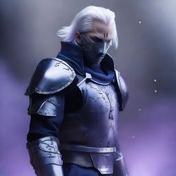 A pale-skinned, white-haired man with shorter, cleaner cropped hair wearing a mask with four upward spikes