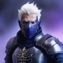 A pale-skinned, white-haired man with shorter, cleaner cropped hair wearing a mask with four upward spikes