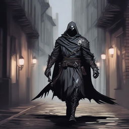 A Dungeons and Dragons vigilante character, dressed in dark, shadowy armor with crow motifs