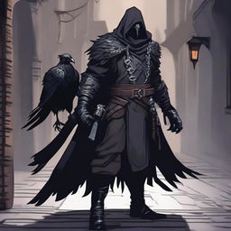 A Dungeons and Dragons vigilante character, dressed in dark, shadowy armor with crow motifs