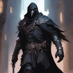 A Dungeons and Dragons vigilante character, dressed in dark, shadowy armor with crow motifs