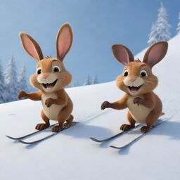 A cartoon scene showing a lively bunny and a distinctly recognizable beaver, exuding joy as they ski down a snow-covered slope together. The beaver's signature teeth and tail are unmistakably evident.