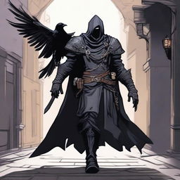 A Dungeons and Dragons vigilante character, dressed in dark, shadowy armor with crow motifs