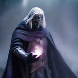 A pale-skinned, white-haired man wearing a mask with four upward spikes covering the upper half of his face