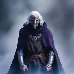 A pale-skinned, white-haired man wearing a mask with four upward spikes covering the upper half of his face