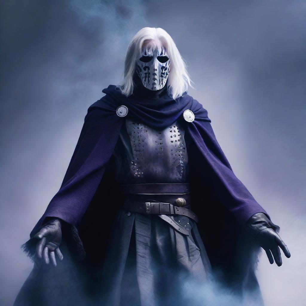 A pale-skinned, white-haired man wearing a mask with four upward spikes covering the upper half of his face