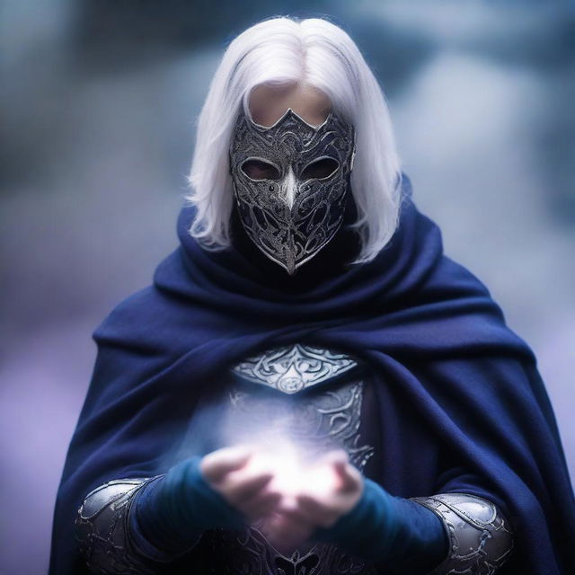 A pale-skinned, white-haired young man wearing a grey masquerade mask covering the upper half of his face