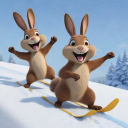 A cartoon scene showing a lively bunny and a distinctly recognizable beaver, exuding joy as they ski down a snow-covered slope together. The beaver's signature teeth and tail are unmistakably evident.