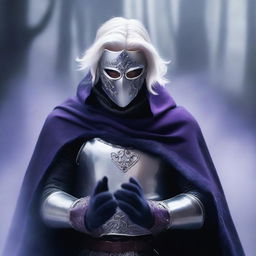 A pale-skinned, white-haired young man wearing a grey masquerade mask covering the upper half of his face