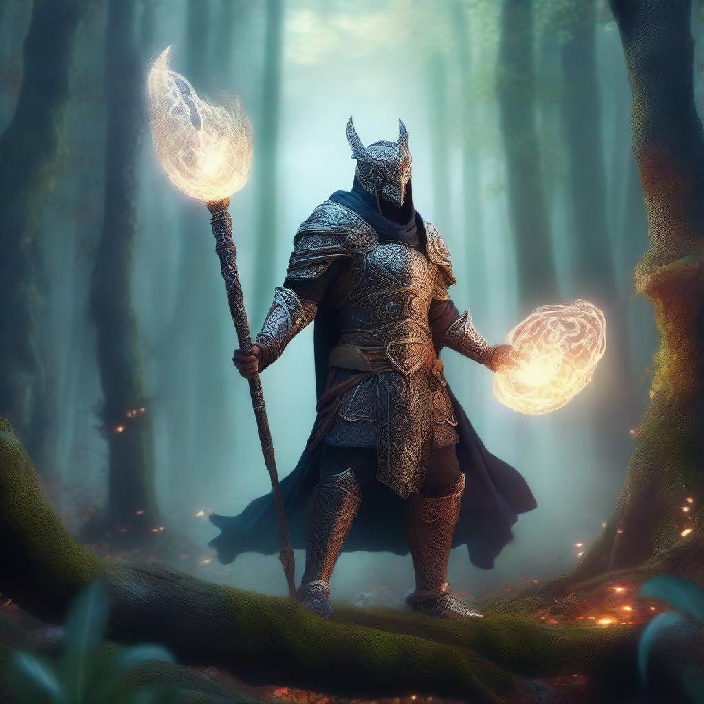 A powerful magical warrior stands in a mystical forest, wielding a glowing staff surrounded by floating magical runes