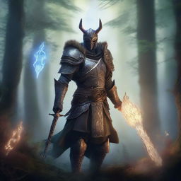 A powerful magical warrior stands in a mystical forest, wielding a glowing staff surrounded by floating magical runes