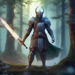 A powerful magical warrior stands in a mystical forest, wielding a glowing staff surrounded by floating magical runes