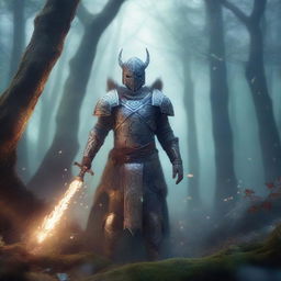 A powerful magical warrior stands in a mystical forest, wielding a glowing staff surrounded by floating magical runes