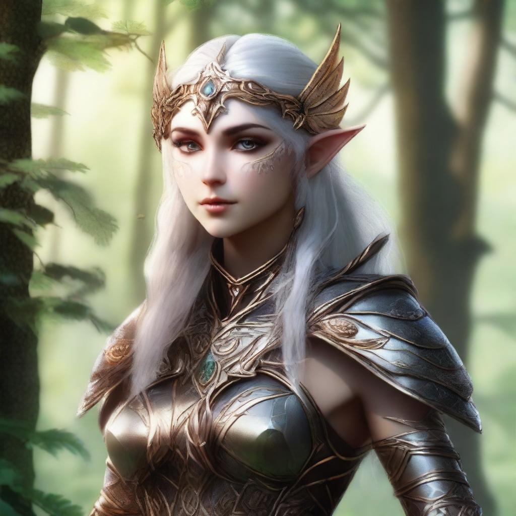 A gorgeous female elf from Dungeons and Dragons, slim and elegant, adorned in intricately designed owl-themed armor