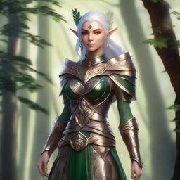 A gorgeous female elf from Dungeons and Dragons, slim and elegant, adorned in intricately designed owl-themed armor