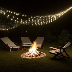 Aesthetic evening party scene outdoors with a large, crackling bonfire, illuminated surrounding decorated with fairy lights, comfortable lounge chairs and a festive atmosphere