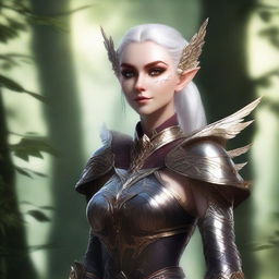 A gorgeous female elf from Dungeons and Dragons, slim and elegant, adorned in intricately designed owl-themed armor