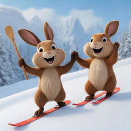 A cartoon scene showing a lively bunny and a distinctly recognizable beaver, exuding joy as they ski down a snow-covered slope together. The beaver's signature teeth and tail are unmistakably evident.