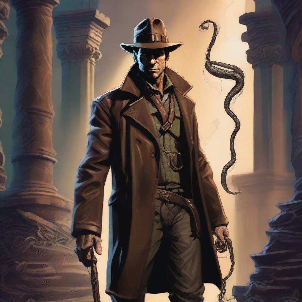 A Lovecraftian version of an Indiana Jones character, exploring ancient ruins with eerie, otherworldly architecture