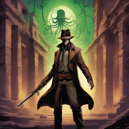 A Lovecraftian version of an Indiana Jones character, exploring ancient ruins with eerie, otherworldly architecture