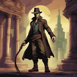 A Lovecraftian version of an Indiana Jones character, exploring ancient ruins with eerie, otherworldly architecture