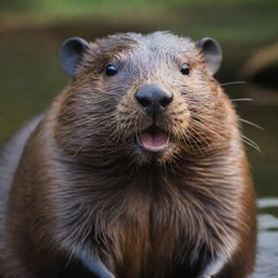 The portrait of a realistic beaver, its brown fur glossy, with distinct features such as large front teeth and a broad, flat tail clearly visible. The beaver's eyes are lively and engaging.