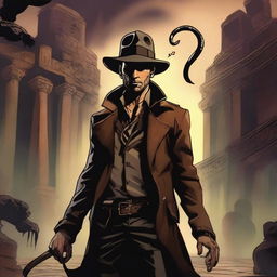 A Lovecraftian version of an Indiana Jones character, exploring ancient ruins with eerie, otherworldly architecture