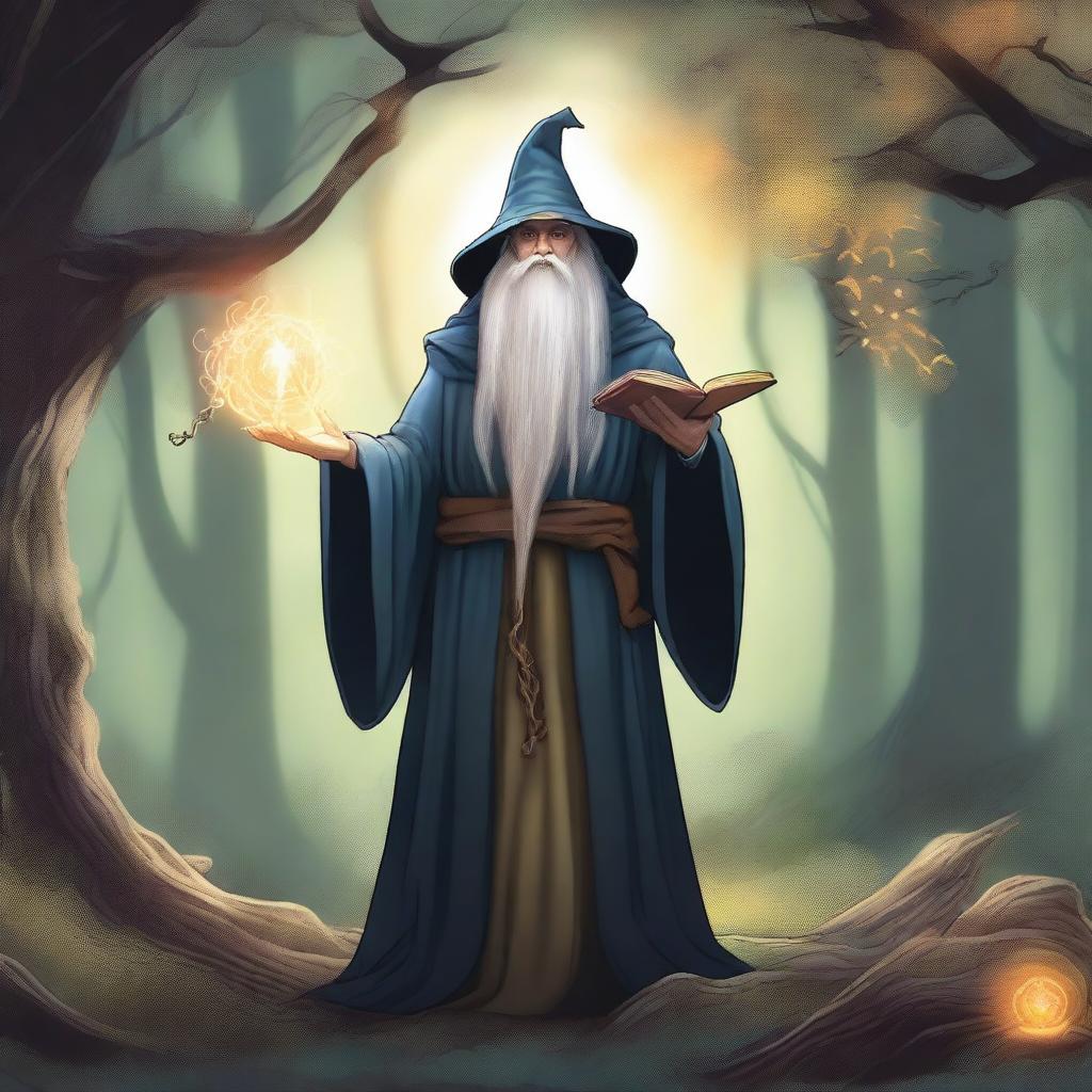 A detailed illustration of a wizard casting a spell, perfect for a Dungeons & Dragons character sheet