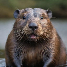 The portrait of a realistic beaver, its brown fur glossy, with distinct features such as large front teeth and a broad, flat tail clearly visible. The beaver's eyes are lively and engaging.