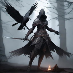 A Dungeons and Dragons female character inspired by Eileen the Crow from Bloodborne, wearing dark, intricate armor