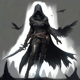 A Dungeons and Dragons female character inspired by Eileen the Crow from Bloodborne, wearing dark, intricate armor