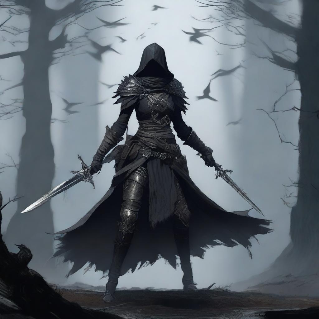 A Dungeons and Dragons female character inspired by Eileen the Crow from Bloodborne, wearing dark, intricate armor