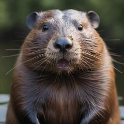 The portrait of a realistic beaver, its brown fur glossy, with distinct features such as large front teeth and a broad, flat tail clearly visible. The beaver's eyes are lively and engaging.