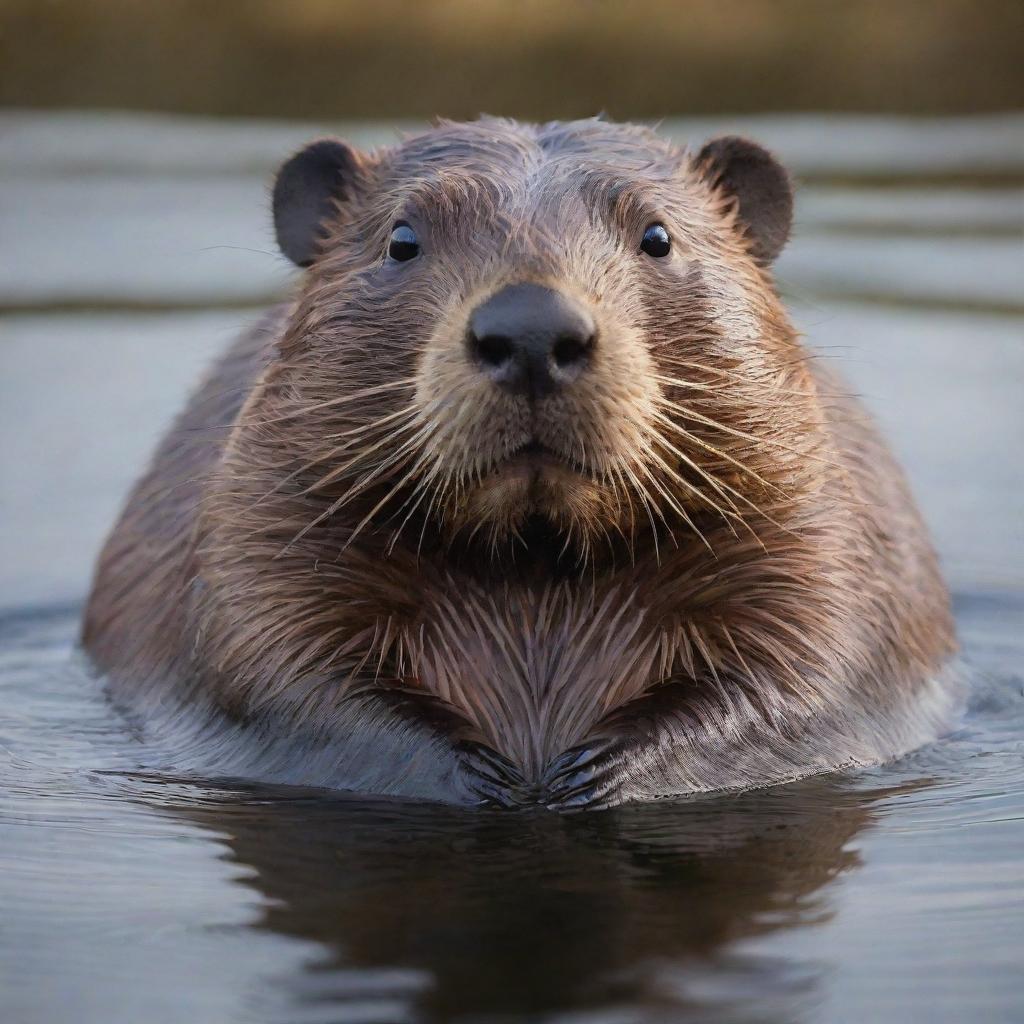 The portrait of a realistic beaver, its brown fur glossy, with distinct features such as large front teeth and a broad, flat tail clearly visible. The beaver's eyes are lively and engaging.