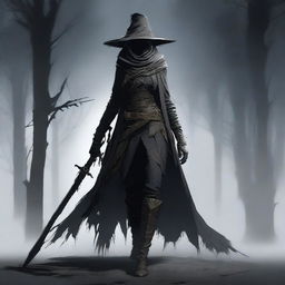 A female character inspired by Eileen the Crow from Bloodborne, wearing dark, light armor