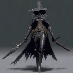 A female character inspired by Eileen the Crow from Bloodborne, wearing dark, light armor