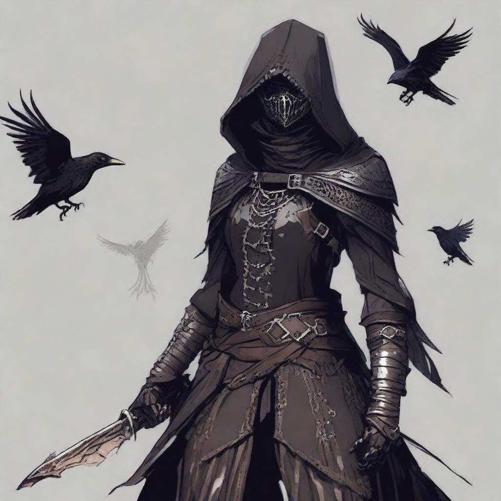 A female version of Eileen the Crow, wearing dark, light armor with intricate designs