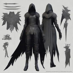 A female version of Eileen the Crow, wearing dark, light armor with intricate designs