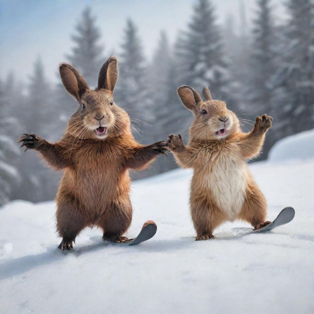 A dynamic image of a beaver and a bunny, both displaying joyful expressions, as they ski down a snowy slope together. Their friendship and happiness are expressed through their energetic poses and gleeful faces.