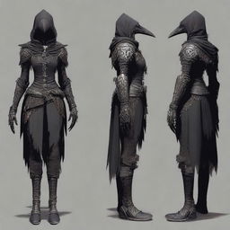 A female version of Eileen the Crow, wearing dark, light armor with intricate designs