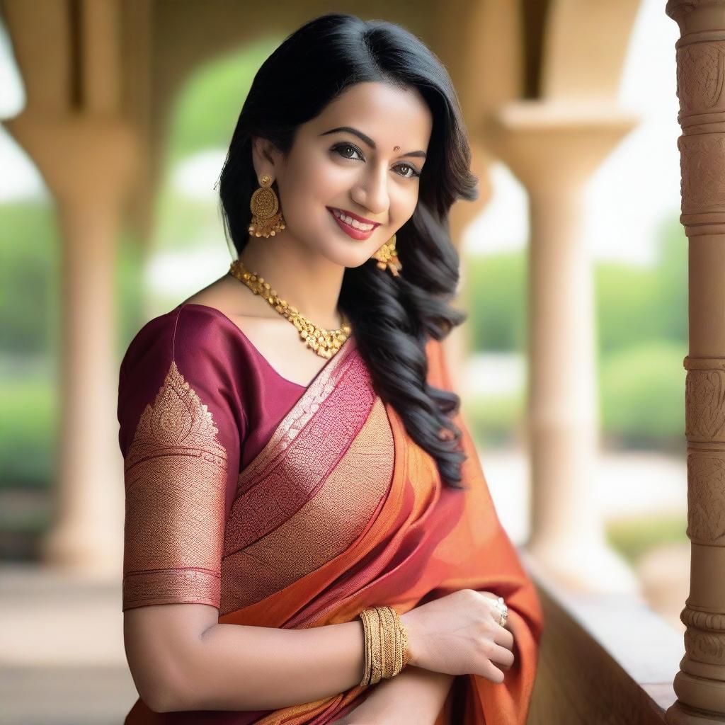 A beautiful woman in her 30s wearing a traditional saree