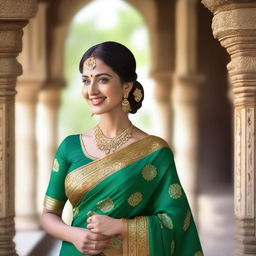 A beautiful woman in her 30s wearing a traditional saree