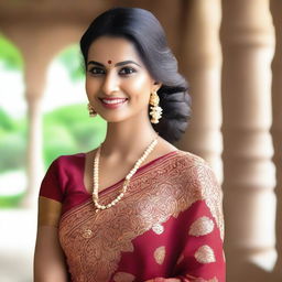 A beautiful woman in her 30s wearing a traditional saree