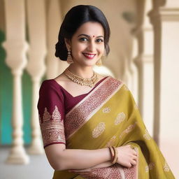 A beautiful woman in her 30s wearing a traditional saree