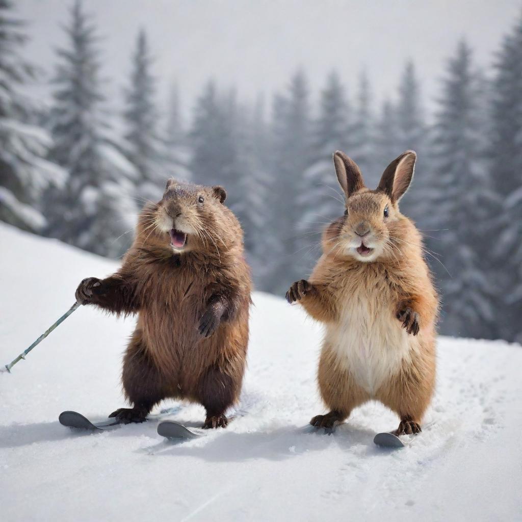 A dynamic image of a beaver and a bunny, both displaying joyful expressions, as they ski down a snowy slope together. Their friendship and happiness are expressed through their energetic poses and gleeful faces.